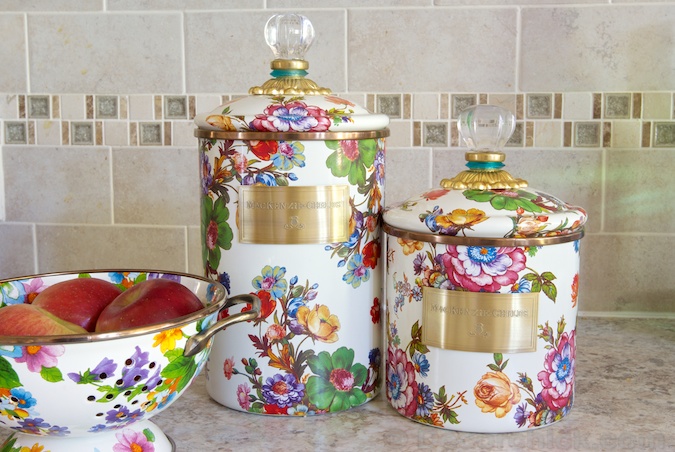 MacKenzie-Childs  Cookie Jar with White Flower Market Lid